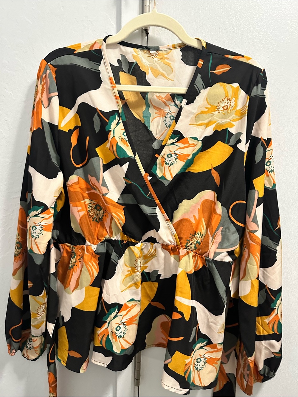 Floral Wrap Peplum Blouse in Black, Mustard & Peach